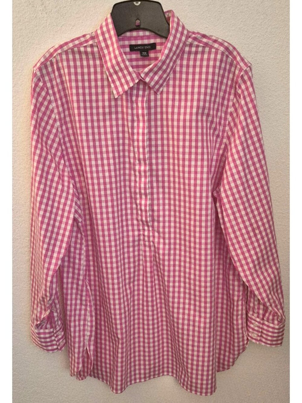 Lands' End Pink and White Gingham 100% Cotton  Long Sleeve Tunic Top Sz 18W EUC
